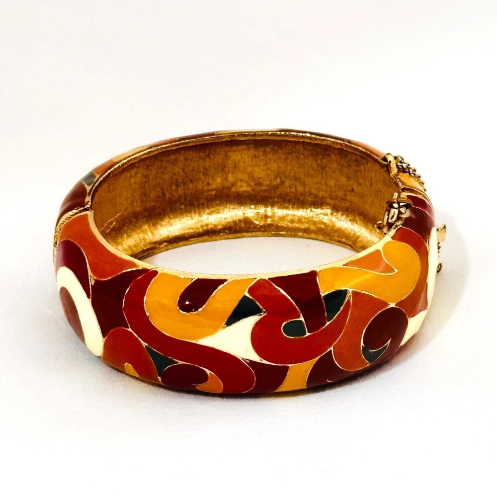 Vintage Eisenberg Cloisonne Enamel & Gold Tone Hinged Bracelet w/Safety Chain